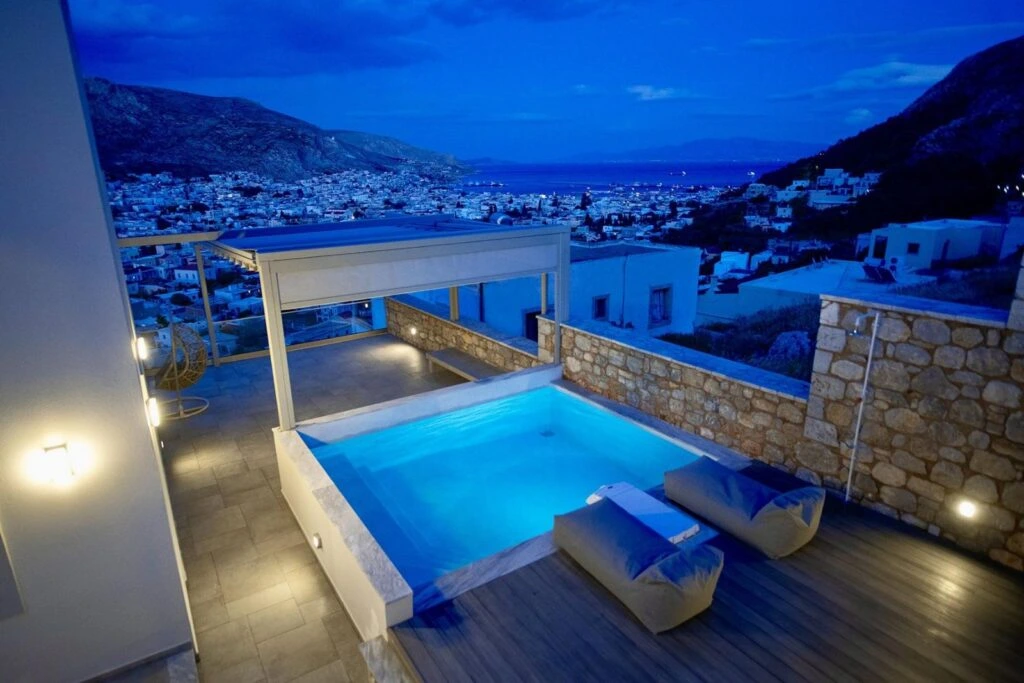 The house has been designed with generous veranda and a swimming pool with the views of Pothia and Kos island